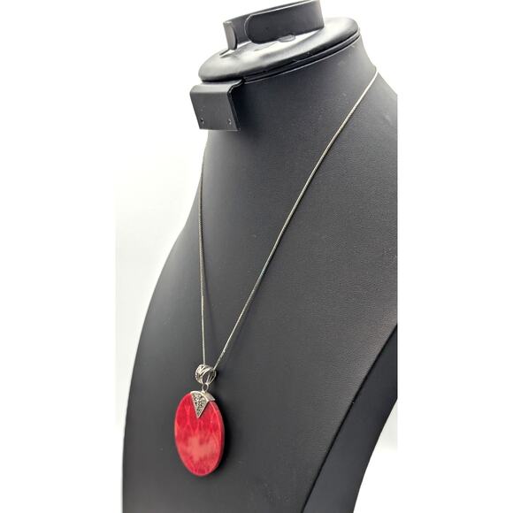 Vtg 925 Sterling Silver Bali Design Red Sponge Coral Pendant Box Chain Necklace - Picture 2 of 10
